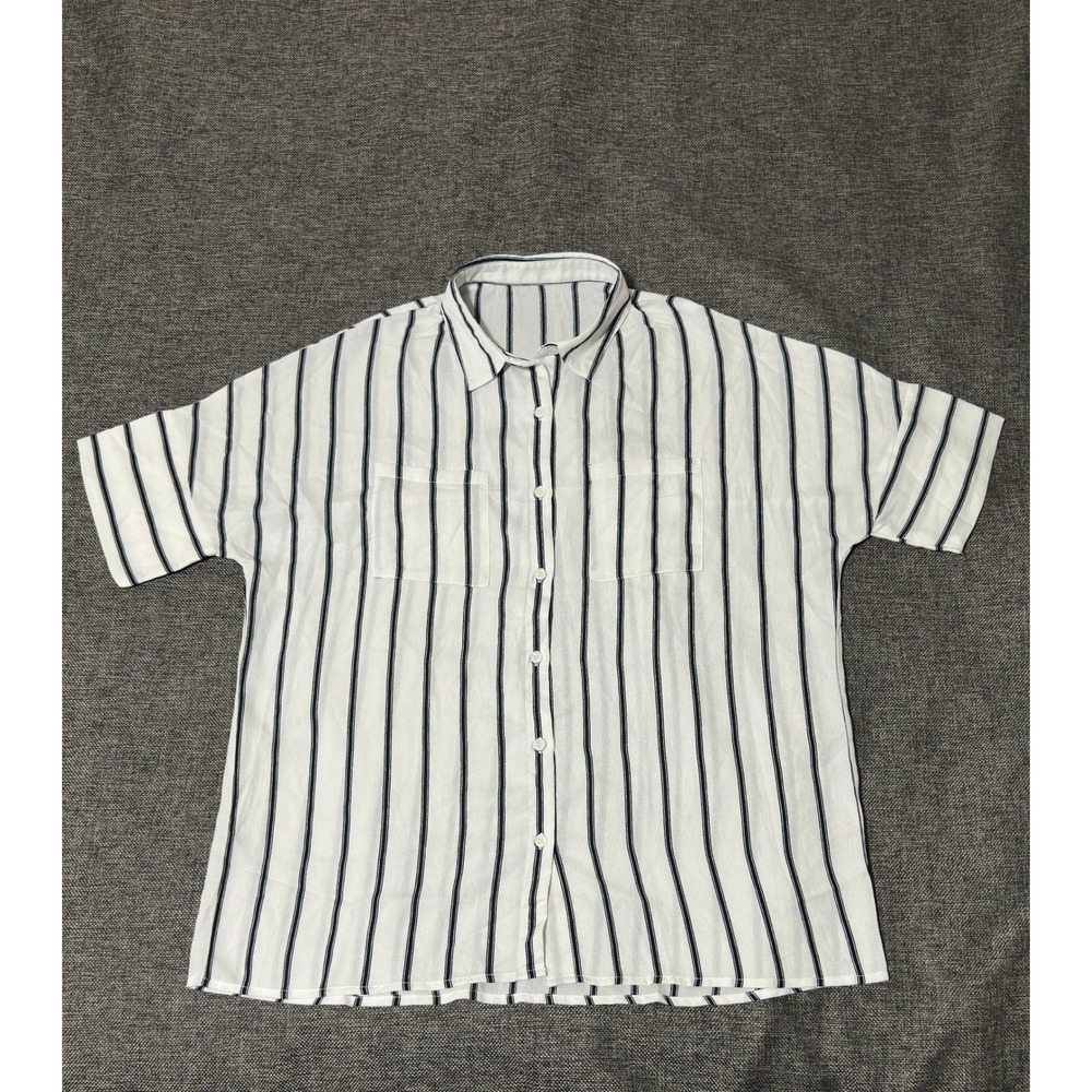 Unbranded Women's Large Button Up Shirt White Black Striped Short Sleeve Pocket